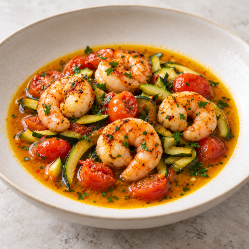 Seared Shrimp, Saffron Tomato Nage and Zucchini - Fresh Start 30: A Journey To Better Health Seared Shrimp, Saffron Tomato Nage and Zucchini